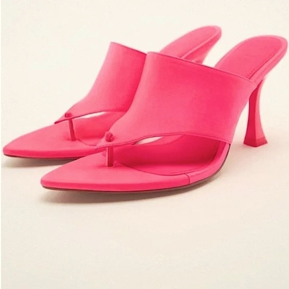 Zara SATIN EFFECT HIGH HEEL SANDALS Barbie neon pink women’s size 8 - Picture 1 of 12